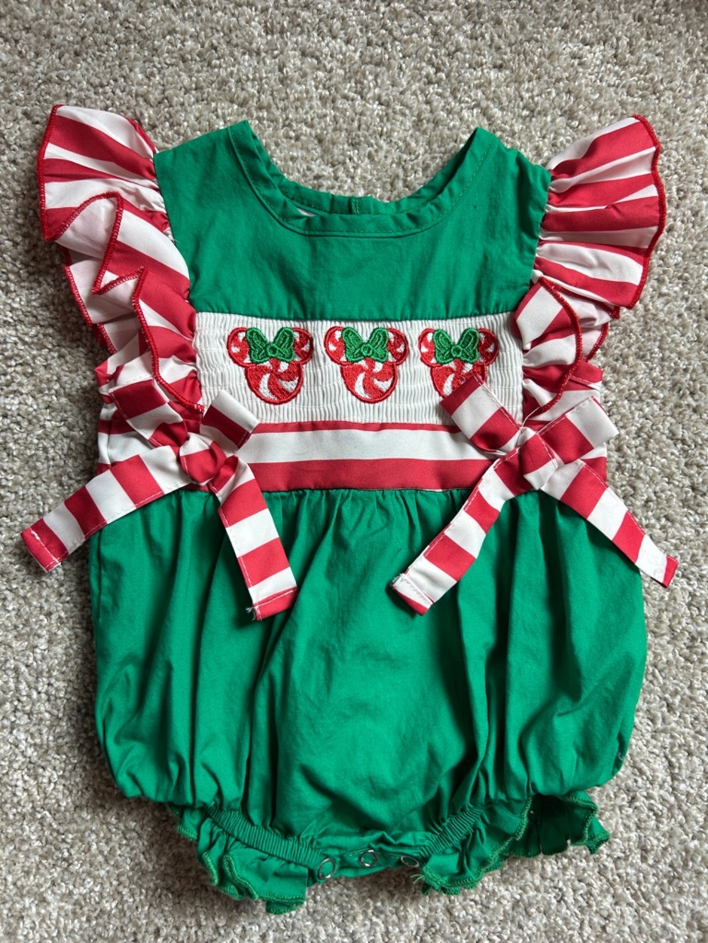 Green Mickey Mouse Embroidered Ruffle Bubble Romper